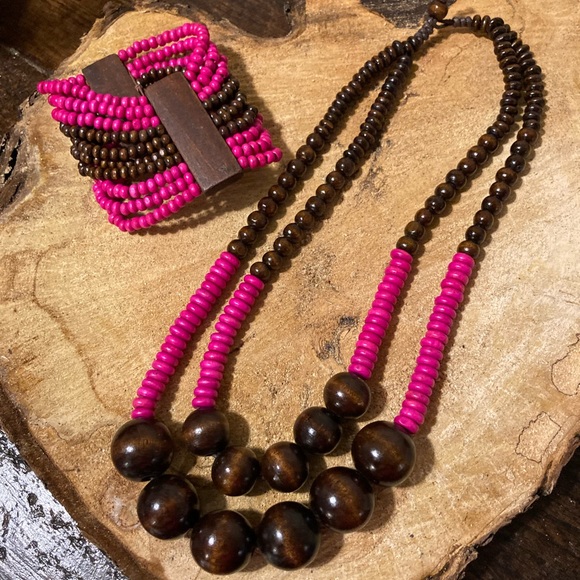 Jewelry - Pink & Brown Wood Bead Necklace & Bracelet NWOT